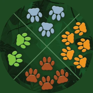 The Keeper Chaos spinner: four quadrants of paw prints: five orange, four brown, two green and three blue. The number of paws is the number of spaces you move.