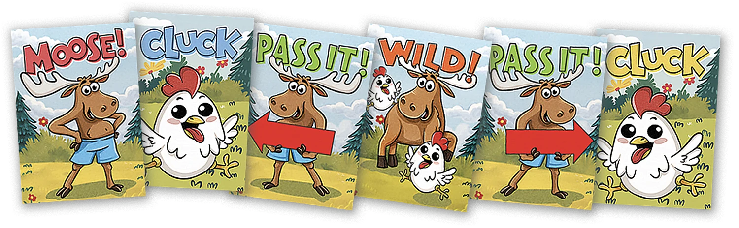 Six illustrated Cluck, Cluck, Moose! cards fanned in a row: Moose!, Cluck, Pass It!, Wild!, and more, each with a cartoon chicken or moose