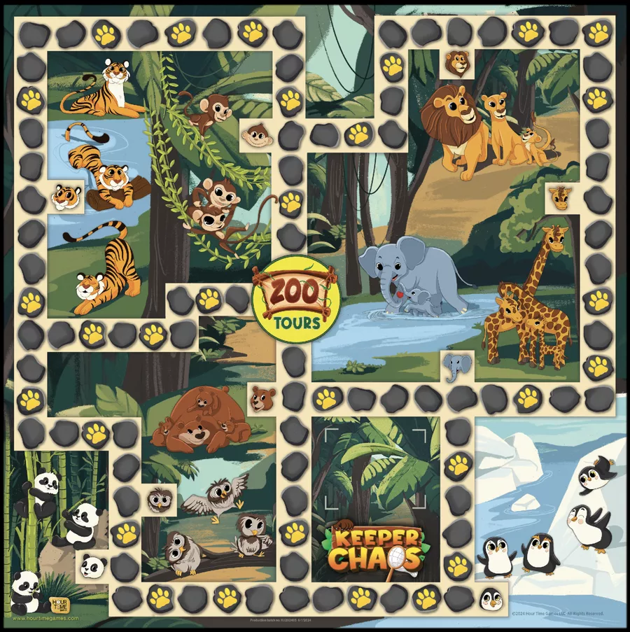 The full Keeper Chaos game board: nine illustrated animal habitats — tigers, monkeys, lions, elephants, giraffes, bears, pandas, owls and penguins — ringed by a path of stone spaces and yellow paw-print spaces, with the round Zoo Tours entrance sign in the center