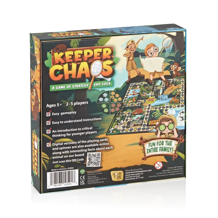 Back of the Keeper Chaos box listing: ages 5 plus, 2 to 5 players, easy gameplay, easy to understand instructions, an introduction to critical thinking, and free digital versions of the cards and spinner