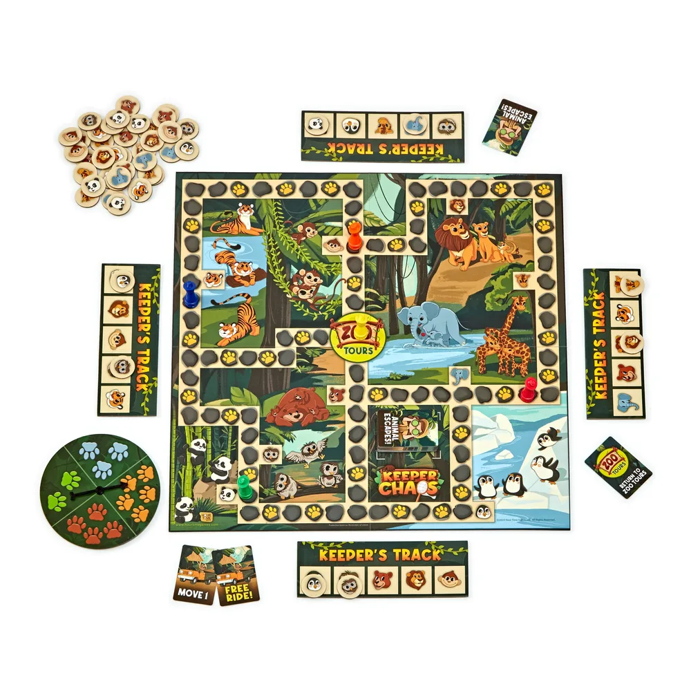 Everything in the Keeper Chaos box laid out: the illustrated zoo game board, animal tokens, five Keeper's Track cards, paw card deck, spinner and colored pawns